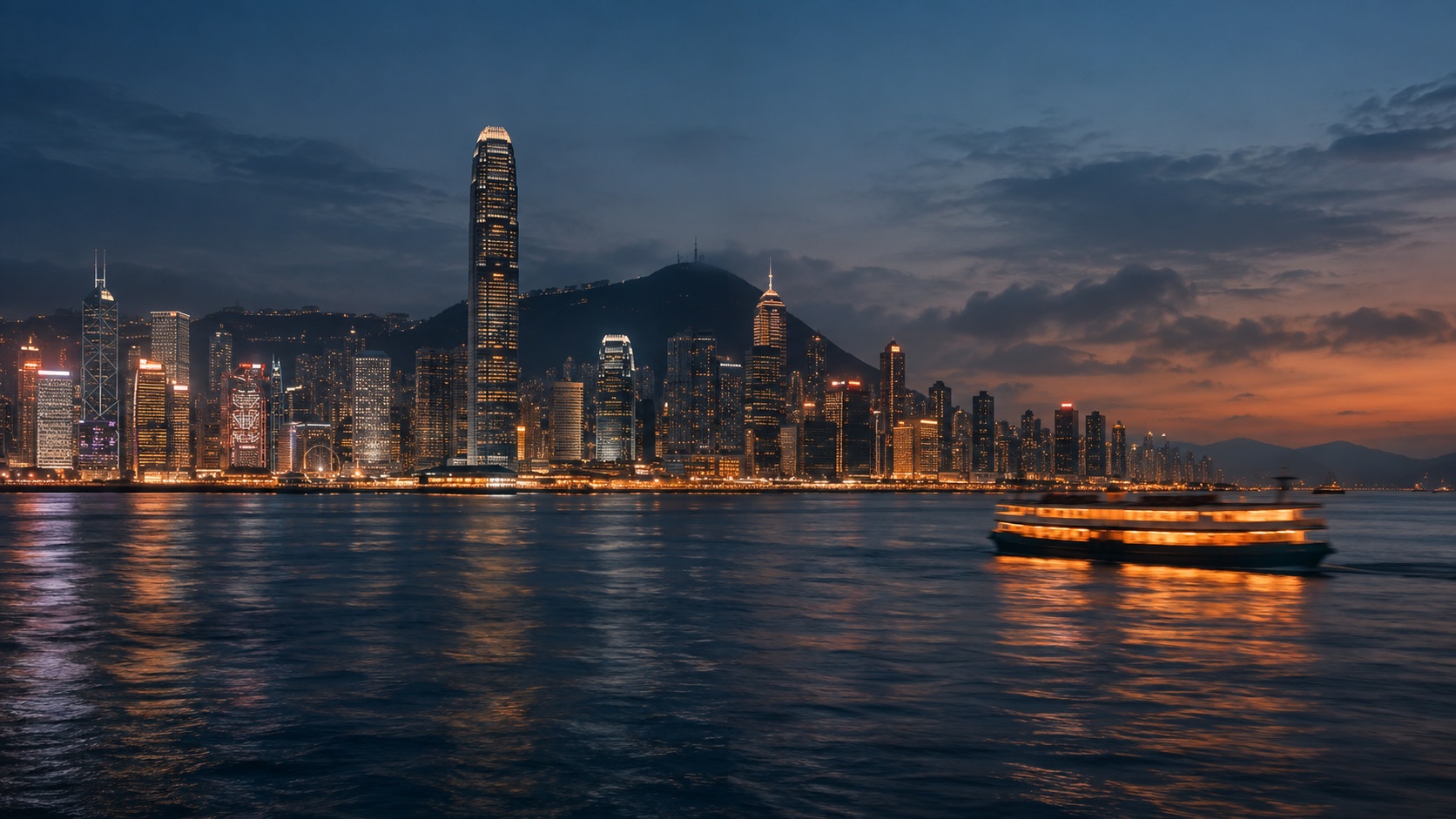 夜幕下的城市与水面灯光,国际连接主题概念图
